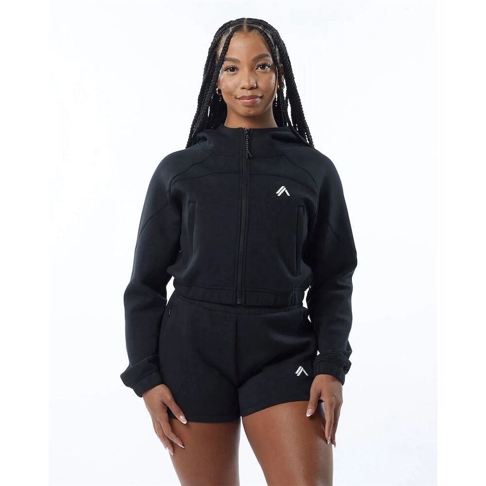 Alphalete Women's Interlock Cropped Hoodie Navy Blue Medium Full Zip Activewear